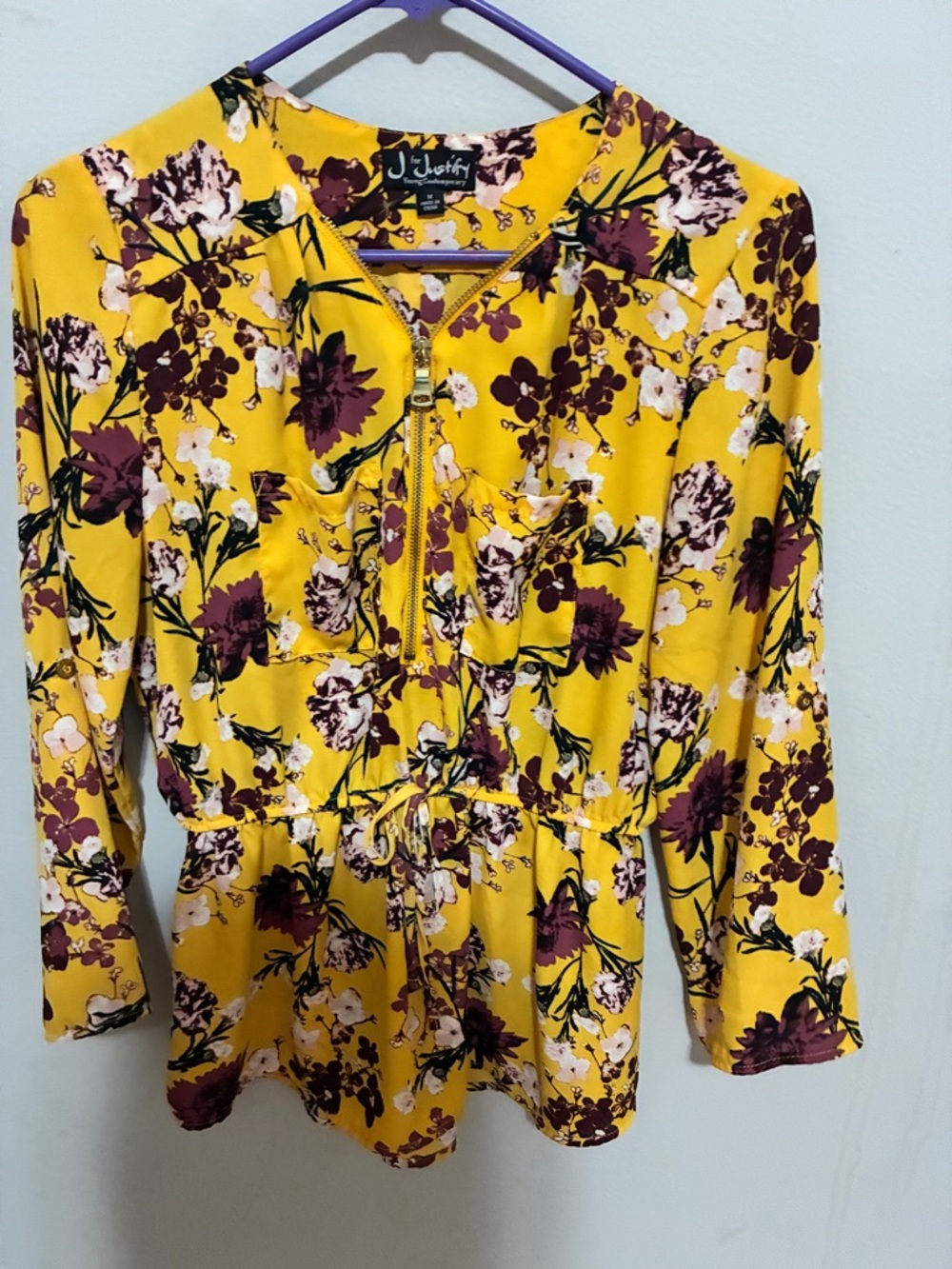 Justify Mustard Yellow Floral Zip-Front Peplum Blouse